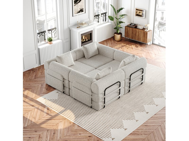 Canapé modulaire convertible 4 places avec rangement d'accoudoir et dessous antidérapant en chenille kaki - Conforama E