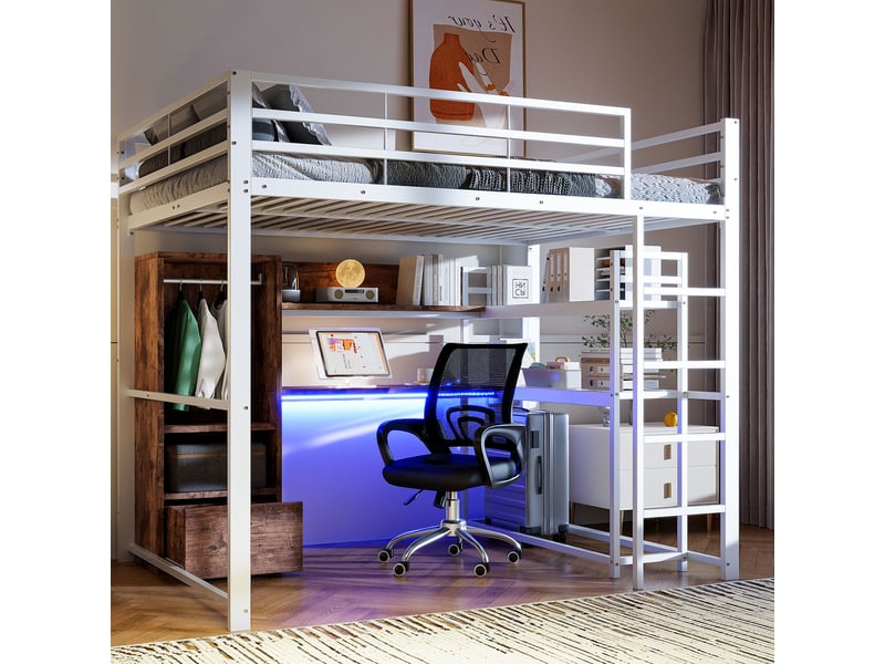  Lit superposé 140x200 cm avec éclairage led, lit simple rembourré avec bureau et tiroir, lit superposé avec cadre en métal, blanc  - Conforama A