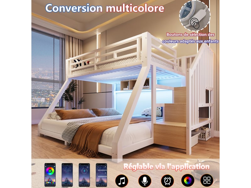  Lit superposé métal blanc 90x200 et 140x200 cm avec led, escalier de rangement, 3 compartiments et barrières, sans matelas BrimViber - Conforama B