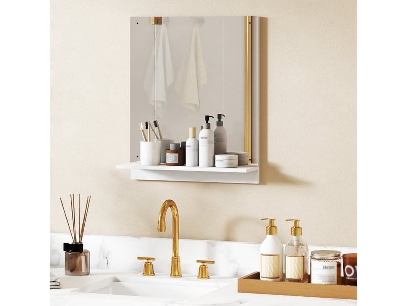  Miroir simple mural avec étagère intégrée pour salle de bain et entrée en panneau de particules blanc 50 × 14 × 60 cm  - Conforama B