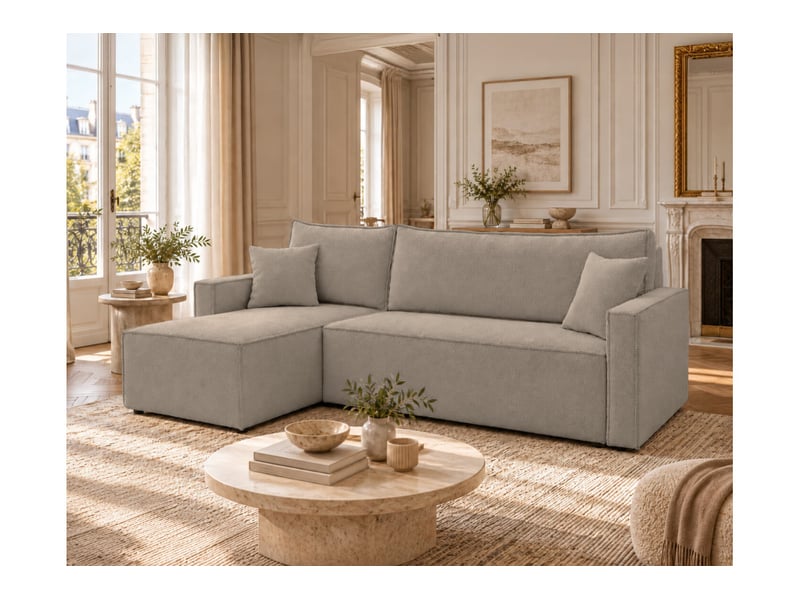  Farah - canapé d'angle reversible convertible 4 places accoudoirs slim en bouclettes texturées  - Conforama B