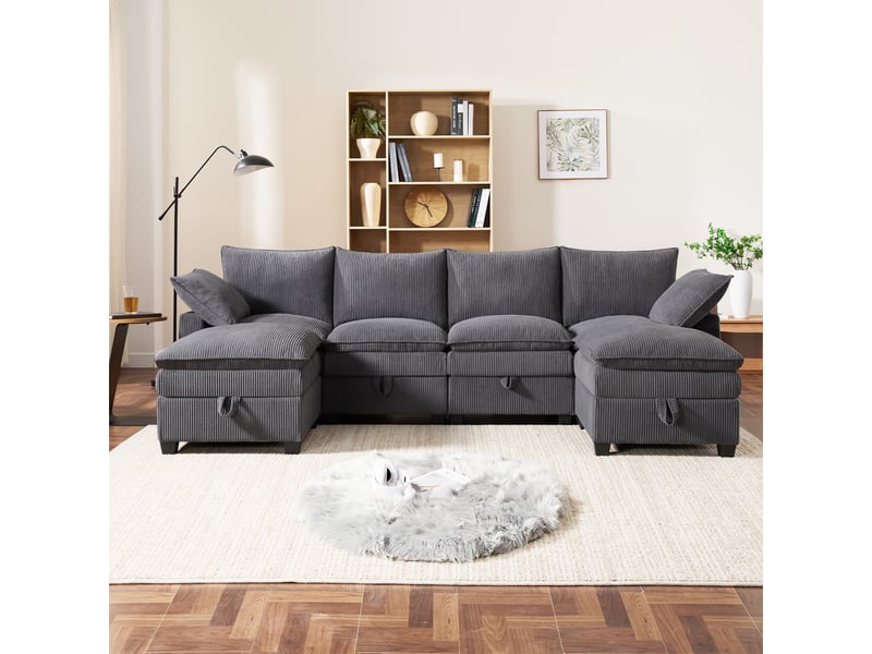 Canapé d’angle modulable 56 places en lu avec rangement, 2 poufs amovibles, ports usb, porte-gobelets, tissu côtelé - gris - Conforama C