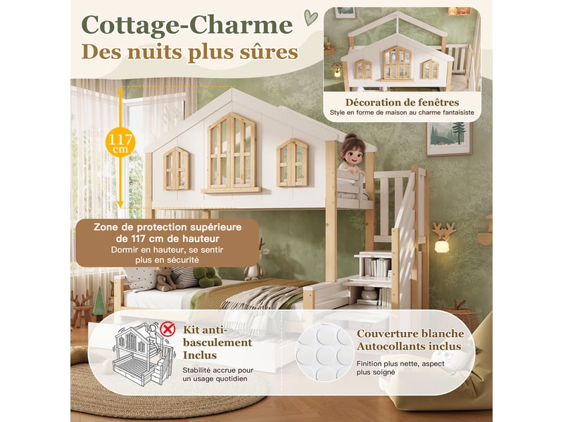 Lit superposé enfant 90×200 + 140×200 cm maison en bois avec toit à pignon et fenêtres, escalier coffre, 2 tiroirs et sommier - blanc et bois naturel - Conforama E