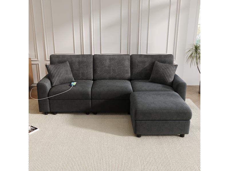 Canapé 4 places gris avec pouf, canapé moderne en chenille et velours côtelé avec ports usb et usb-c, largeur 223 cm - Conforama R