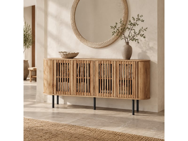  Buffet 160 x 40 x 70 cm en mdf coloris naturel avec 4 portes coulissantes perforées  - Conforama C