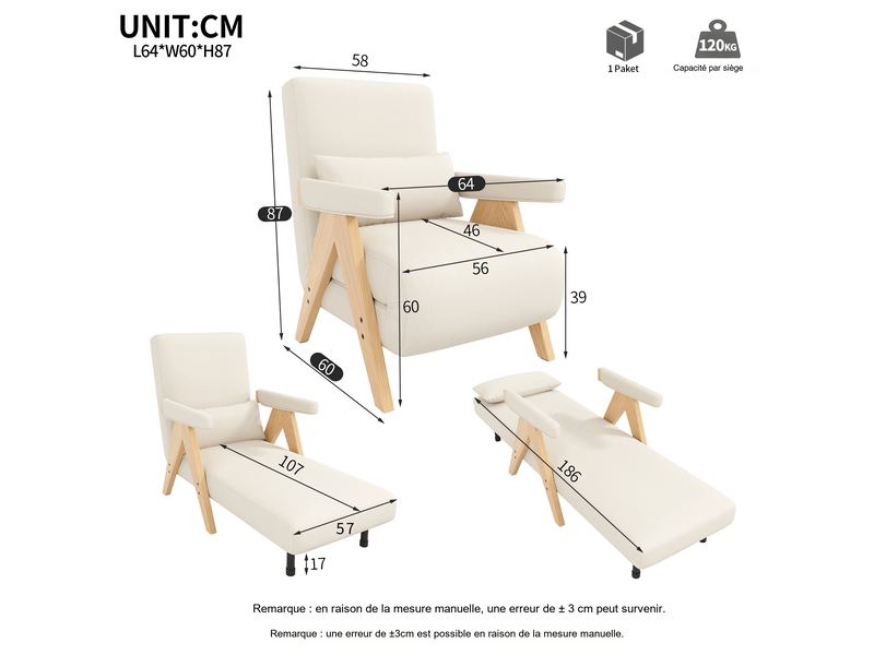  Fauteuil convertible 3-en-1 beige en polyester aspect lin 64x60x87 cm, dossier 6 positions, 1 place, salon chambre bureau N653P242345A - Conforama C