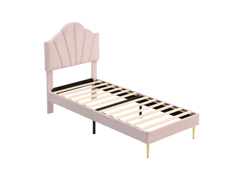  Samt, polsterbett, 90*200 cm, muschelartiges bett mit goldenen eisenbeinen, höhenverstellbares kopfteil, holzlattenrost, mit polsterbank, bank mit stauraum, rosa  - Conforama A