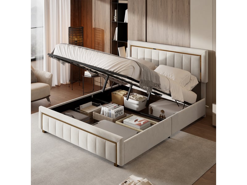  Lit coffre 140x200, lit 2 places avec rangement hydraulique, tête de lit et sommier à lattes, velours beige  - Conforama W