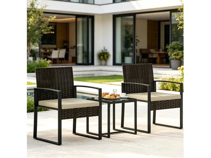  Salon de jardin 2 places avec table et 2 fauteuils, noir marron kaki, rotin pe acier, assises avec coussins  - Conforama E