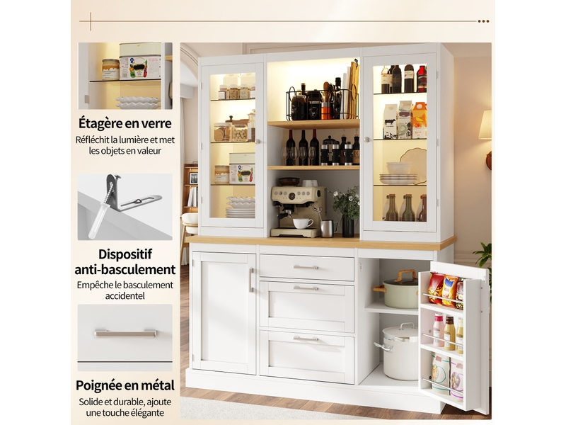 Buffet de cuisine moderne 140x40x185cm, armoire de rangement avec led, 3 tiroirs et 4 portes, plan de travail, mdf blanc  - Conforama E