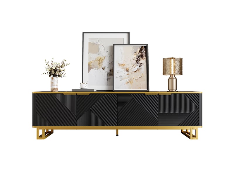  Meuble tv noir et or 160 cm avec 4 portes - design géométrique mdf métal  - Conforama A