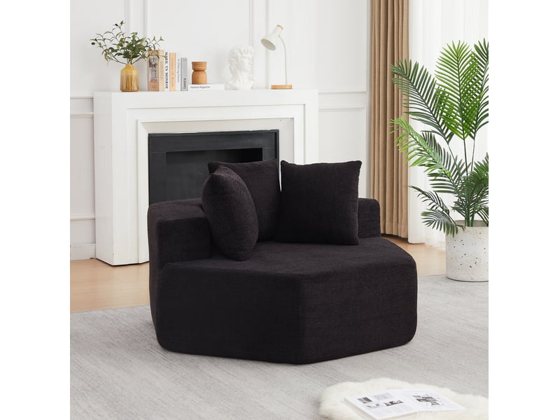  Fauteuil pouf modulaire hexagonal 1 place avec 3 coussins et dessous antidérapant en chenille noire  - Conforama D