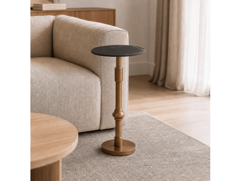  Table d'appoint ovale réglable en hauteur, plateau noir en pierre frittée et piètement en métal doré, 30 x 25 x 59-95 cm  - Conforama C