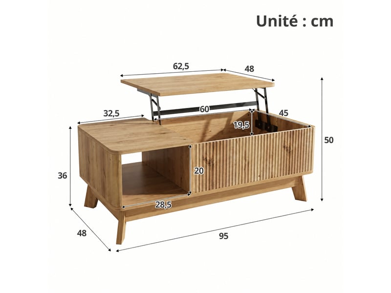  Table basse relevable avec rangement intégré et façade ondulée, 95 x 48 x 50 cm  - Conforama C