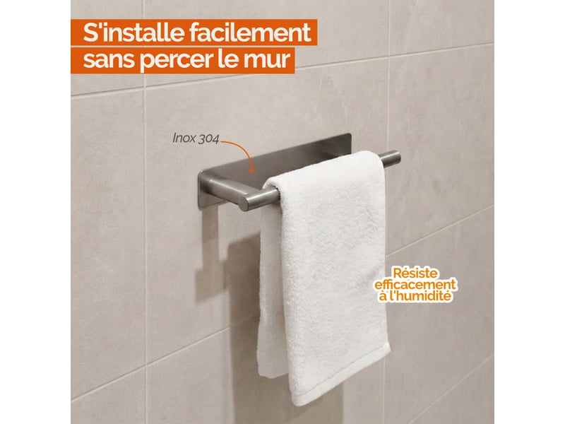  Porte serviette adhésif mural salle de bain ou cuisine 1 barre, sans perçage - acier inoxydable - chrome  - Conforama C