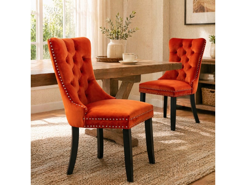  Lot de 2 chaises de salle à manger en velours orange avec pieds en bois  - Conforama D