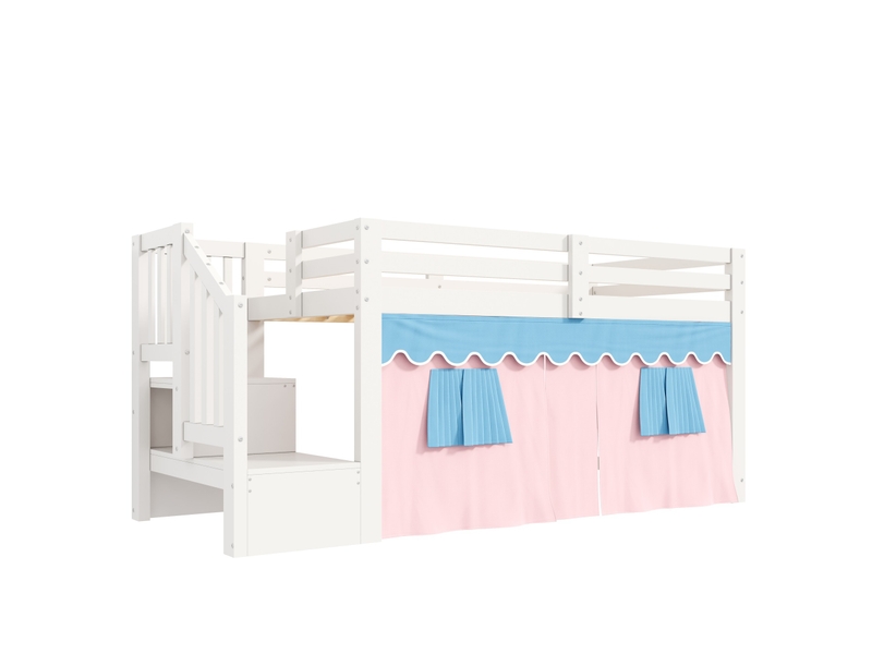  Lit mi-hauteur enfant 90 × 200 cm 1 place avec armoire-échelle, rideaux occultants et led réglable, sans matelas, blanc  - Conforama A