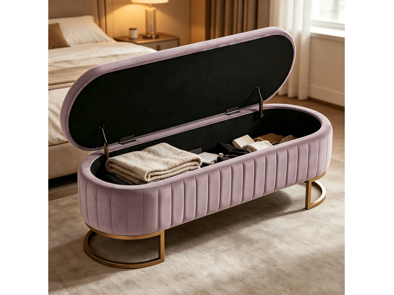  Banc coffre en velours 130 cm avec pieds en métal doré rose  - Conforama B