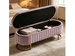 Banc coffre en velours 130 cm avec pieds en métal doré rose