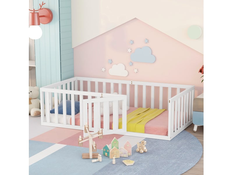 Lit enfant au sol 90x200 cm avec barrière et porte, blanc - Conforama B