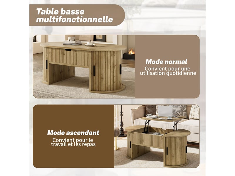 Table basse avec rangement rangement ouvert style moderne hauteur réglable étagères ouvertes rangement dissimulé portes coulissantes adapté petits appartements adapté bureaux à domicile - Conforama E