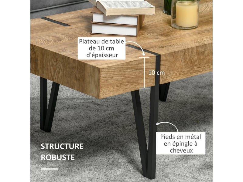  Table basse rectangulaire style industriel piètement épingle métal noir plateau aspect bastaing ancien bois  - Conforama E