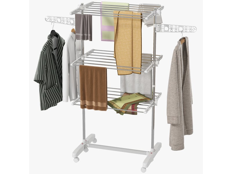  Séchoir à linge vertical pliable en acier et plastique, avec 6 roulettes et 3 étagères réglables, 142 x 55 x 172 cm  - Conforama B