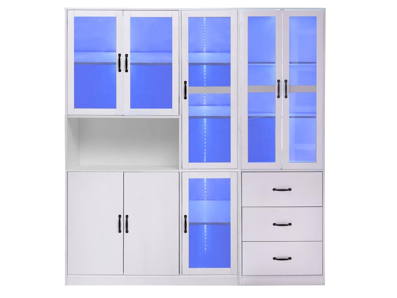  Vitrine d'exposition - 180x40x200cm - vaisselier xxl avec led usb app, 8 portes, 3 tiroirs &amp; étagères - blanc  - Conforama A