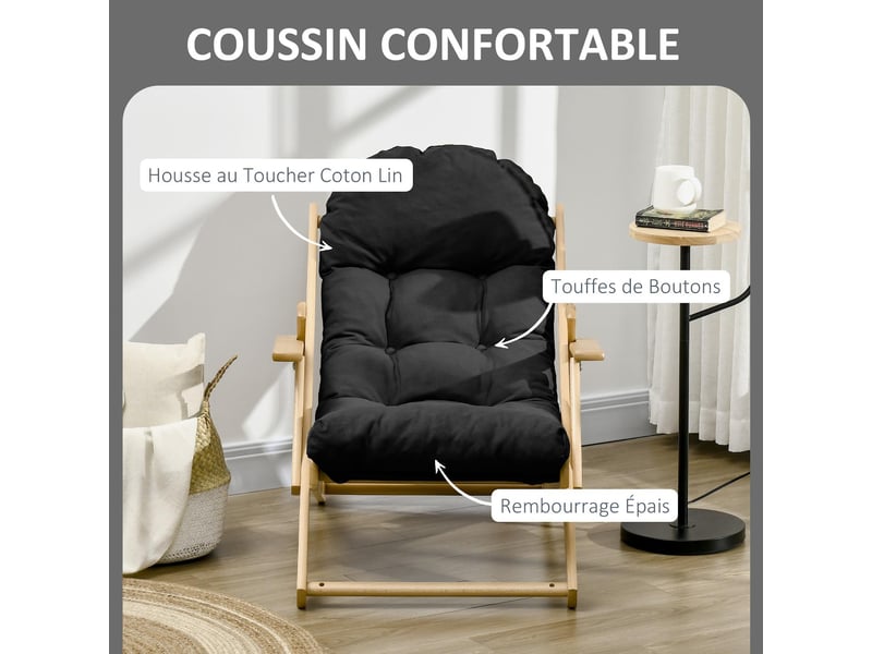  Fauteuil relax pliable et inclinable en bois massif et tissu 71x89x96 cm  - Conforama E