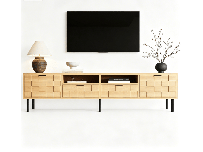  Meuble tv 200x35x44,5 cm - meuble bas avec décor 3d à carrés entrelacés, 2 tiroirs, 2 portes battantes, pour tv jusqu’à 80 pouces - bois naturel  - Conforama A