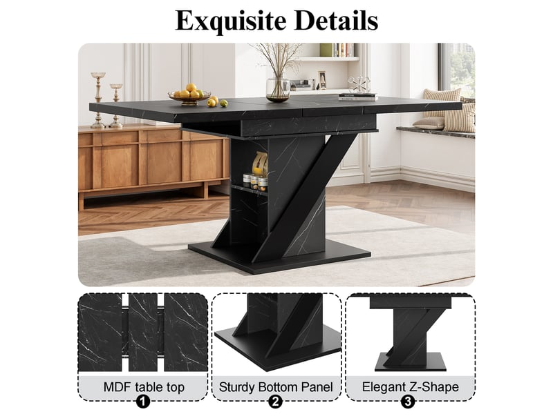  Table à manger extensible 110-140×80cm, pour cuisine et salon, table de cuisine peu encombrante, table à manger aspect marbre noir  - Conforama W