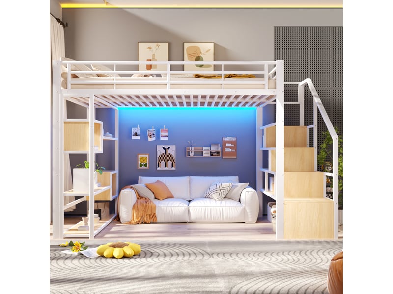  Lit mezzanine 140x200 cm, rangements, escalier, garde-corps, led, métal mdf, blanc, sans matelas  - Conforama E