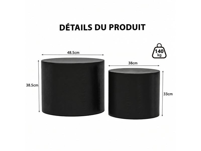  Lot de 2 tables basses gigognes rondes en mdf – noires – ø 48,5 et 38 cm  - Conforama D