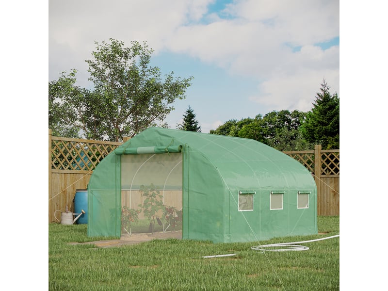  Serre tunnel 347 x 300 x 200 cm, serre de jardin avec porte et 6 fenêtres, structure en acier galvanisé, vert  - Conforama C