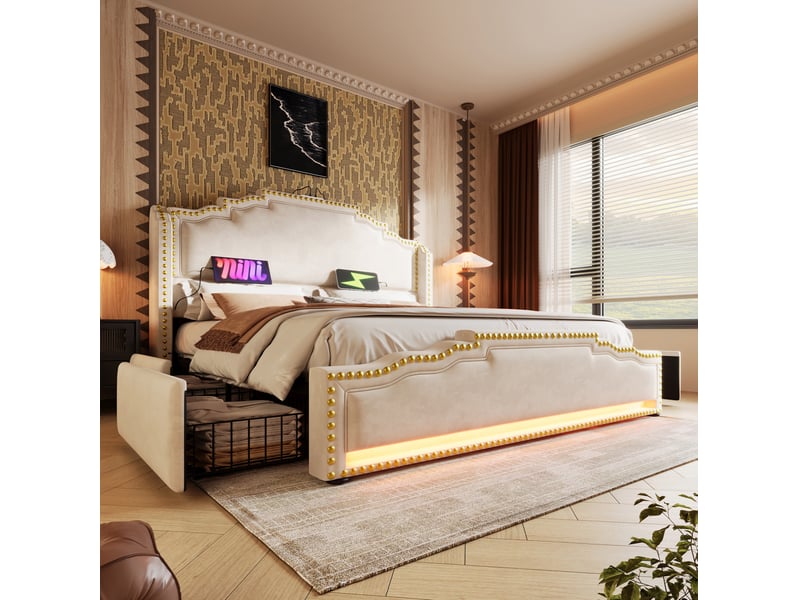  Modenvie lit double avec rangement 180x200 cm - 4 tiroirs, led et ports usb-c, sommier inclus - beige  - Conforama E