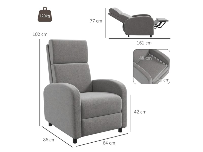  Fauteuil relax inclinable jusqu'à 160° manuellement avec repose-pieds intégré, charge max. 120kg, grand confort, gris  - Conforama C