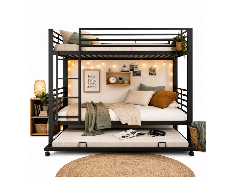  Lit superposé 90 x 200 cm avec barrière de sécurité, lit gigogne, structure stable, échelle intégrée, conforme en 747, métal, noir Morn Vibe - Conforama A
