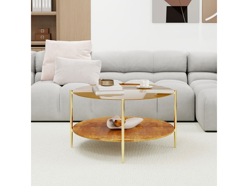  Table de salon surface en verre style moderne minimaliste plateau rond en verre doré niveau inférieur en bois design beau et pratique  - Conforama A