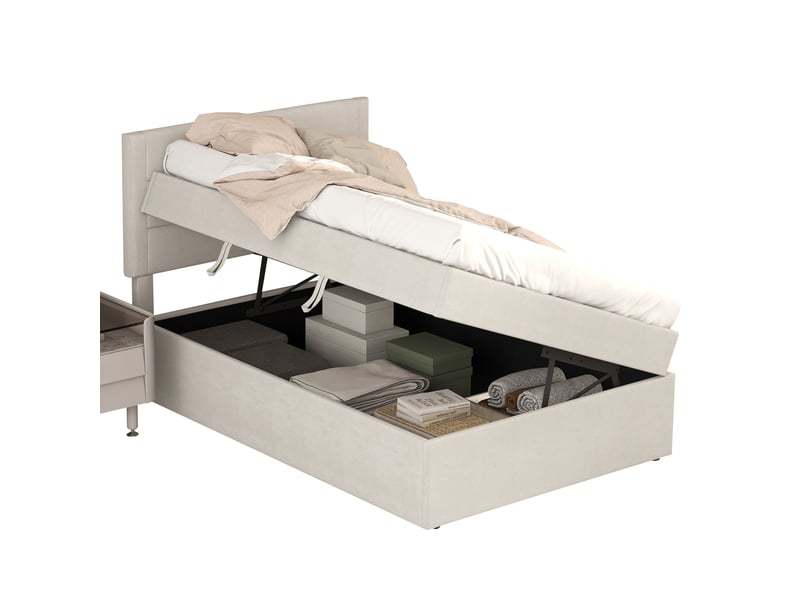  Lit rembourré 90 x 200 cm sans matelas, sommier à lattes, grand rangement, beige pour chambre  - Conforama A