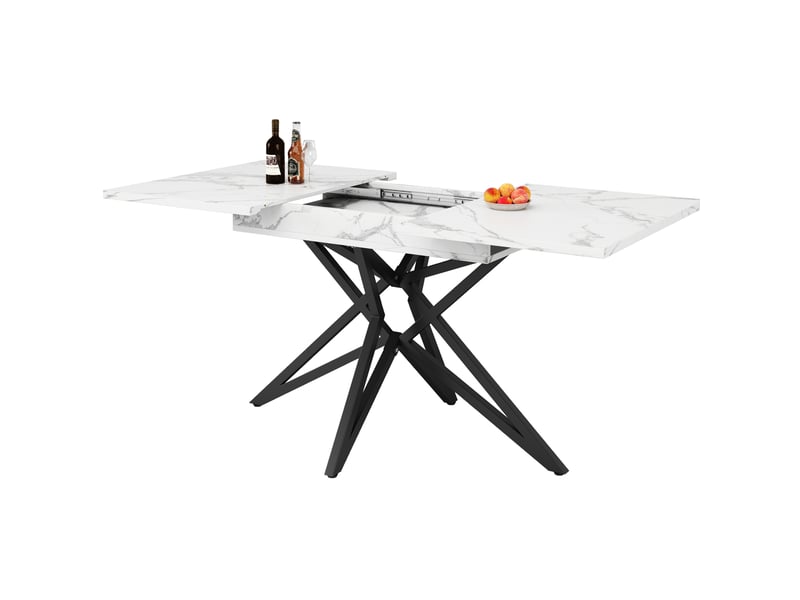 Ensemble de table à manger extensible avec 4 chaises, plateau effet marbre blanc, pieds métal noirs, style moderne  - Conforama E