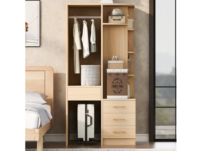  Armoire modenvie de rangement 70 x 55 x 175 cm avec penderie ouverte, étagères et 3 tiroirs, bois clair  - Conforama D