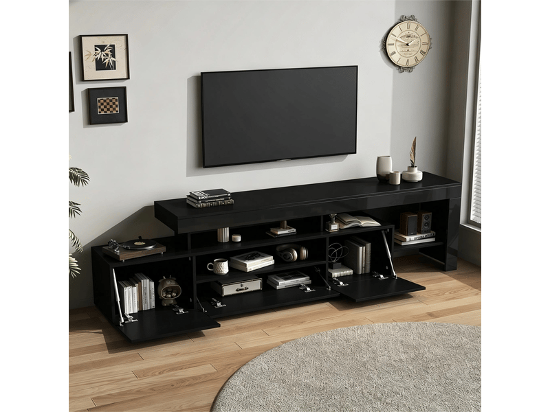  Meuble tv noir pour téléviseur 85 pouces, meuble tv 192 cm avec éclairage led usb, 3 portes et rangements ouverts  - Conforama D