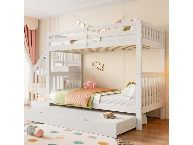  Lit superposé enfant 90x200 avec lit gigogne et escalier rangement homvra  - Conforama B