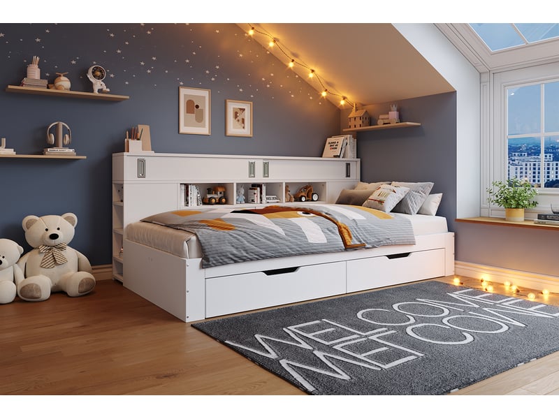  Lit banquette 90 × 200 cm, 2 tiroirs, placards à portes coulissantes et étagères réglables, sommier, mdf, blanc  - Conforama B