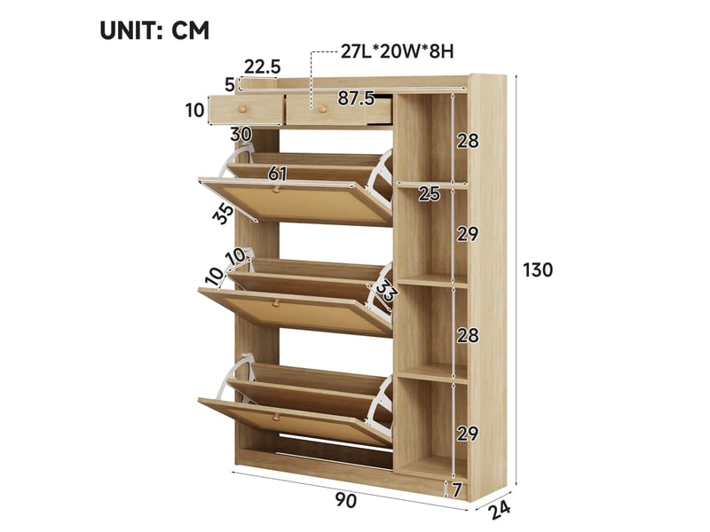  Meuble à chaussures avec 3 abattants en rotin, 2 tiroirs et niches latérales, pour entrée, 90 × 24 × 130 cm  - Conforama D