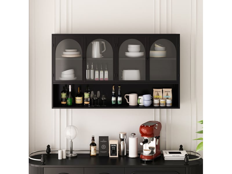  Armoire murale avec 4 portes en verre gris, rangement vertical pour cuisine, salon et salle de bain, noir, 120 × 23 × 70 cm  - Conforama C