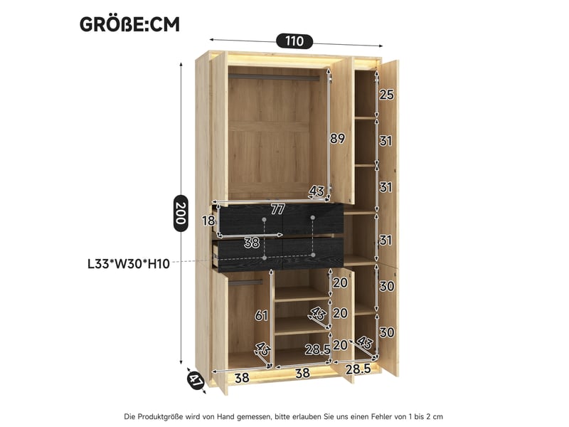  Armoire tcqpz avec miroir et led 110 x 47 x 200 cm 4 tiroirs 9 compartiments mdf aspect chêne anthracite  - Conforama C