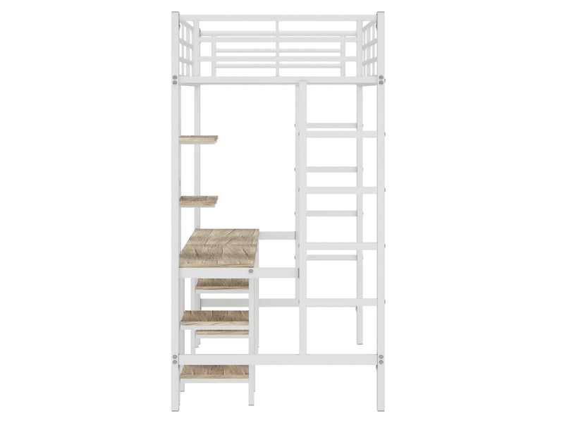 Lit mezzanine enfant 90x200 cm, table, étagère, garde-corps, sommier, métal blanc, sans matelas - Conforama E