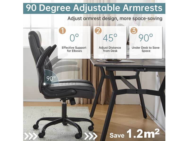  Chaise de bureau ergonomique à hauteur réglable avec accoudoirs relevables et roulettes en similicuir gris  - Conforama D