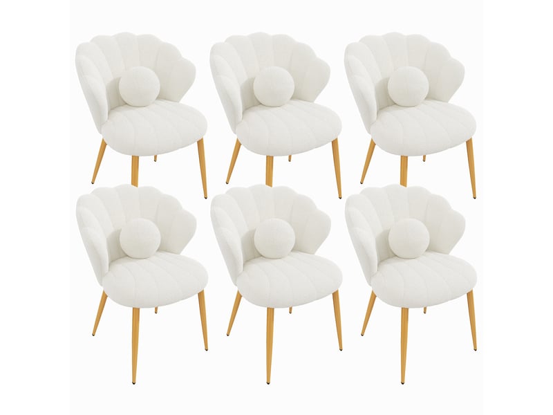  Lot de 6 chaises de salle à manger - 60x62,5x83 cm - chaises en tissu bouclé avec coussin et pieds en métal doré - blanc  - Conforama A